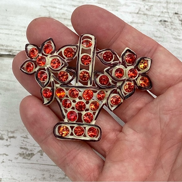VINTAGE Celluloid Orange Rhinestone Enameled Flower Brooch Bouquet Pin - Picture 4 of 5
